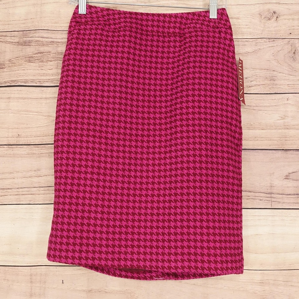 Merona Skirt Womens 2 Pink Check Tweed Pencil Knee Length Lined Stretch Workwear